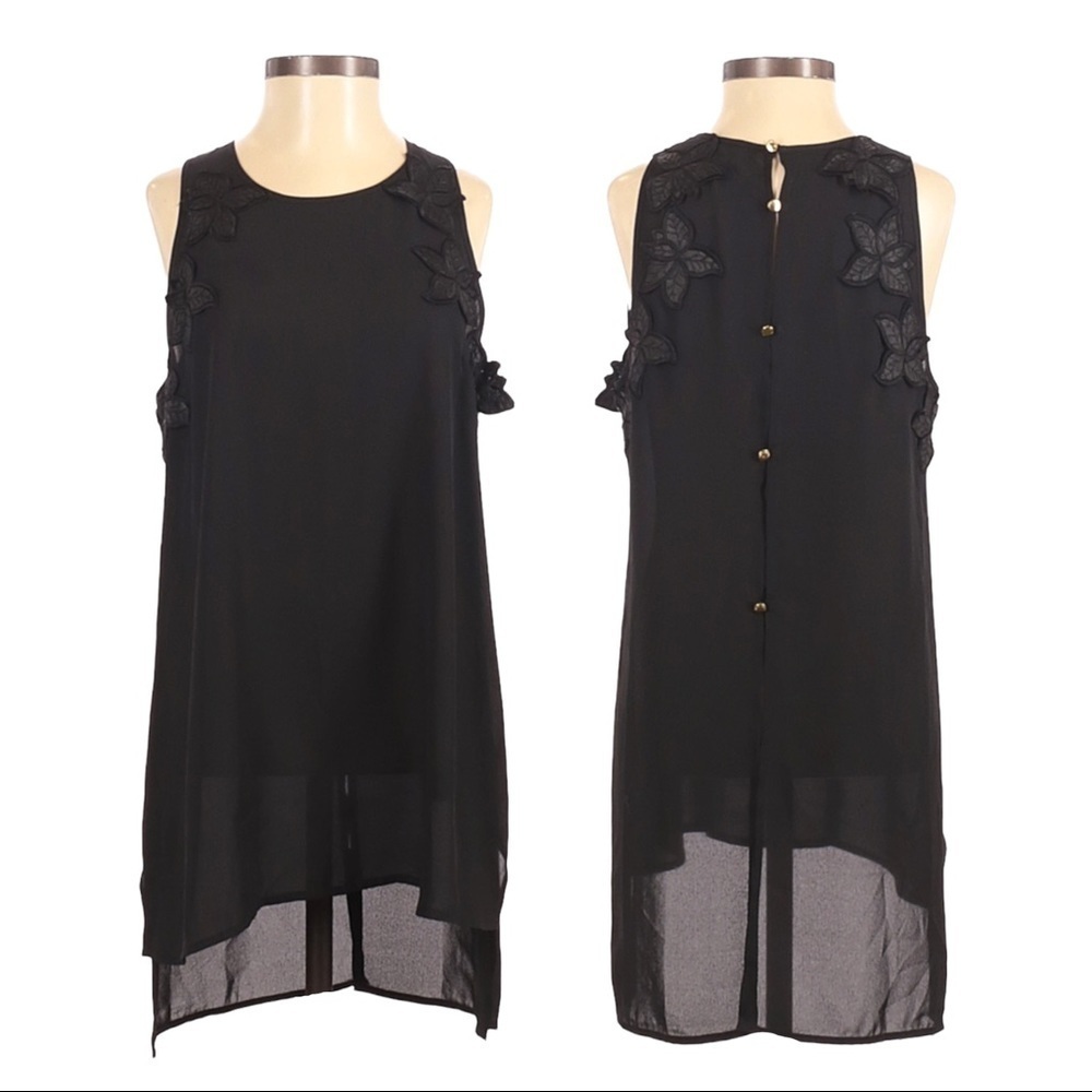 Vince Camuto Black Button Back Floral Sleeveless Tunic Sheer Blouse Size XS